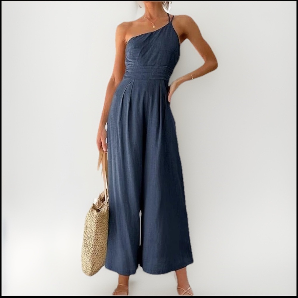 Summery Linen Flowy Single Shoulder Wide Leg Crop Jumpsuit Women's Size Medium